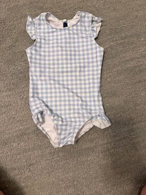 Minnow Girls' Light Blue Gingham One-Piece Swimsuit with Ruffle Shoulders